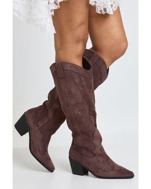 Boohoo Wide Fit Knee High Embroidered Heeled Western Cowboy Boots - Brown