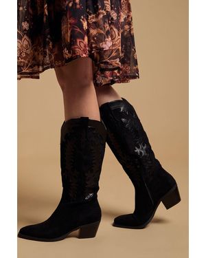Oasis Jessie Faux Suede & Leather Western Cowboy Calf Boots - Black