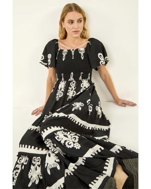 Roman Border Print Shirred Maxi Dress - Black