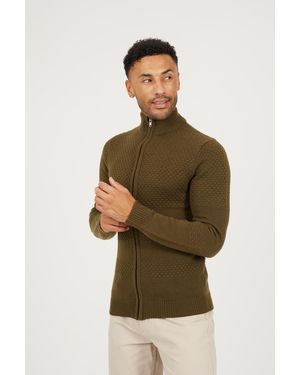 Brave Soul Zip Through Funnel Neck Knit Cardigan - Green