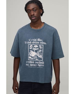 BoohooMAN Oversized Waffle Gothic Print Short Sleeve T-Shirt - Blue