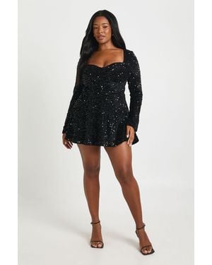 Boohoo Plus Sweetheart Neck Long Sleeve Skater Dress - Black