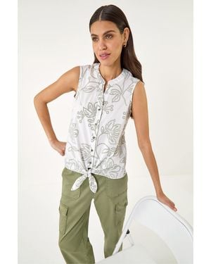 Roman Floral Puff Print Tie Blouse - Green