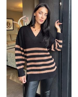 AX Paris And Camel Stripe V-Neck Knit Jumper - Black