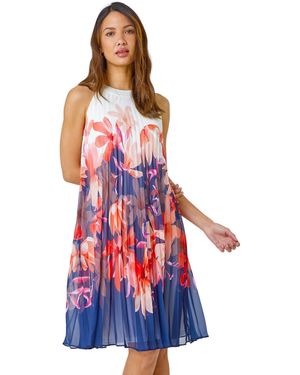 Roman Floral Print Pleated Swing Dress - White