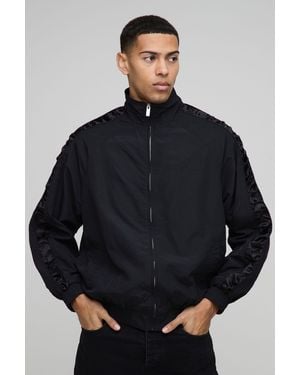 BoohooMAN Regular Fit Satin Panel Ruched Sleeve Nylon Track Jacket - Black