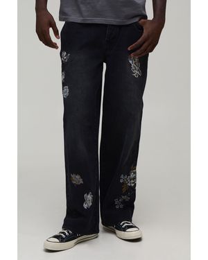 BoohooMAN Mono Floral Relaxed Fit Jeans - Black