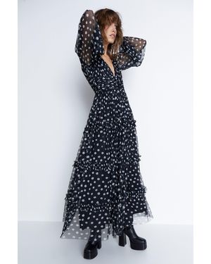 Warehouse Spot Tulle Balloon Sleeve Tiered Maxi Dress - Blue
