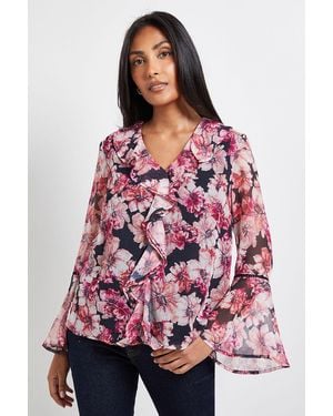 Wallis Petite Floral Lace Trim Ruffle Blouse - Red