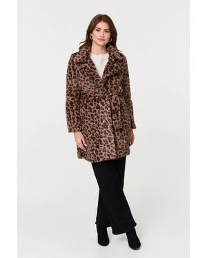 Izabel London Animal Print Faux Fur Tie Waist Jacket - Natural