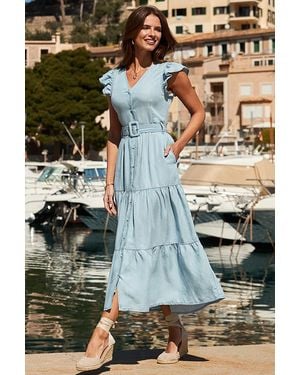 Sosandar Light Wash Ruffle Sleeve Tiered Hem Midi Dress - Green