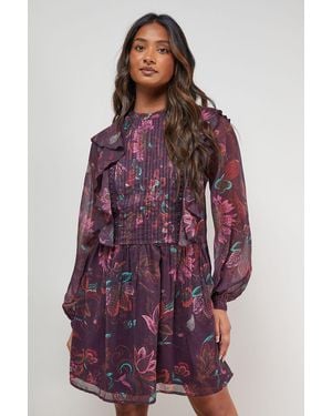 Oasis Printed Frill Detail Chiffon Mini Dress - Purple