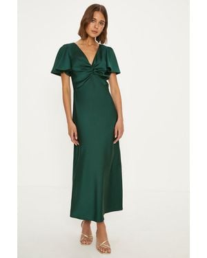 Oasis Satin Twist Front Angel Sleeve Midi Bridesmaids Dress - Green