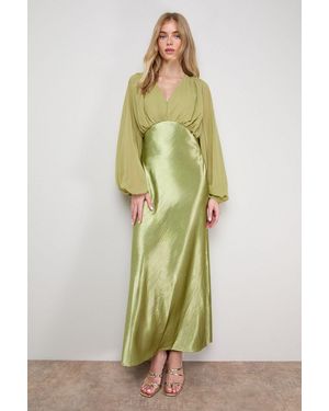 Oasis Plain Balloon Sleeve V Neck Satin Chiffon Mix Midaxi Dress - Green