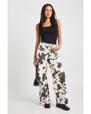 Boohoo Cow Print High Waist Wide Leg Jean - White
