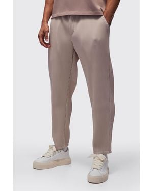 BoohooMAN Elasticated Waist Tapered Fit Pleated Pu Trousers - Natural