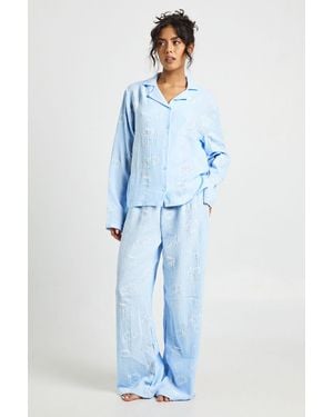 Boohoo Breakfast Print Textured Long Sleeve Shirt & Trouser Pyjama 3 Piece Set - Blue
