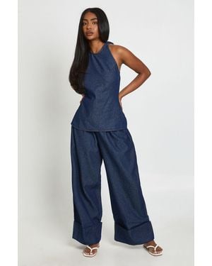 Boohoo Chambray Tie Halterneck Top & Turnup Wide Leg Trousers - Blue