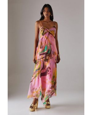 Warehouse Chiffon Asymmetric Double Layer Bandeau Maxi Dress - Red