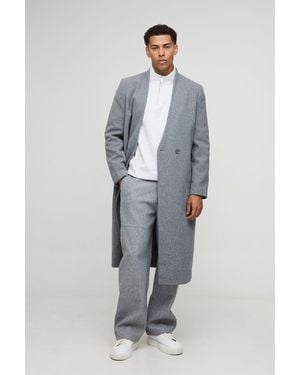 BoohooMAN Oversized Longline Double Breasted Collarless Melton Overcoat - Grey