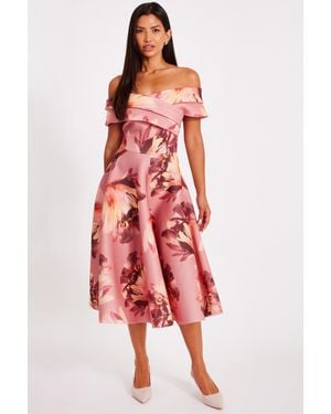 Quiz Mauve Floral Bardot Midi Dress - Red