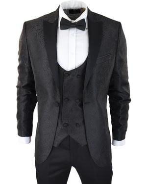 TruClothing Tuxedo Blazer Waistcoat Brocade Satin Paisley Formal Dinner Jacket - Black