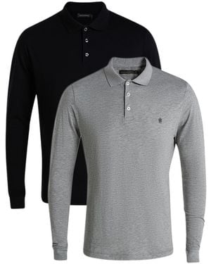 French Connection 2 Pack Cotton Long Sleeve Polo Shirts - Black