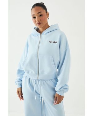 DSGN Studio Script Embroidered Boxy Crop Zip Through Hoodie - Blue