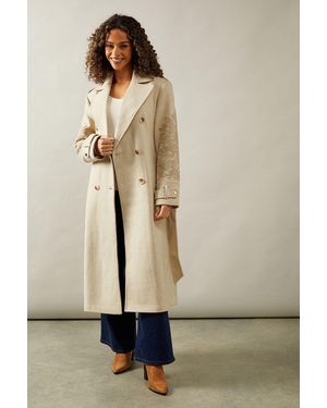Wallis Longline Belted Embroidered Coat - Natural
