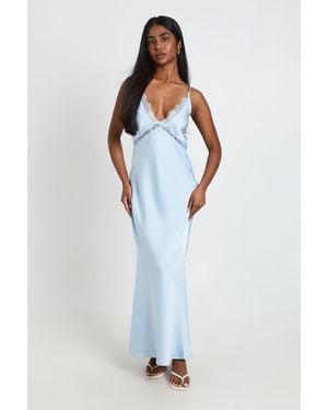 Boohoo Satin & Lace Maxi Slip Dress - Blue