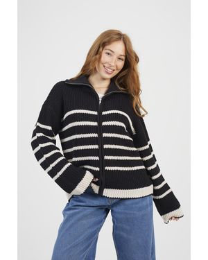 Brave Soul Zip Through Stripe Fisherman Knit Jacket - White