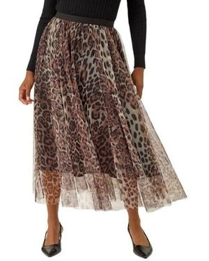 Roman Animal Print Mesh Layered Skirt - Brown