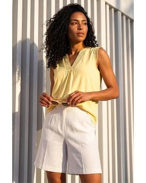 Roman Sleeveless V-Neck Lace Trim Cotton Top - Yellow