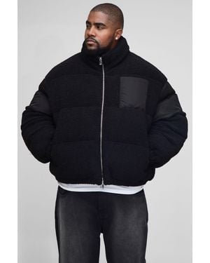 BoohooMAN Plus Regular Fit Borg & Nylon Funnel Neck Puffer Jacket - Blue