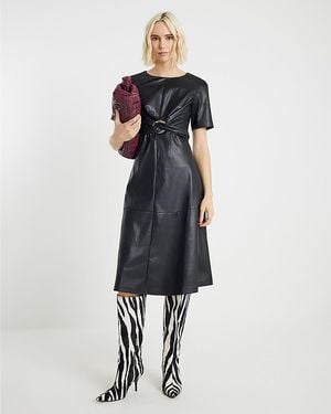 River Island Midi Dress Faux Leather Buckle Detail Swing Pu - Blue