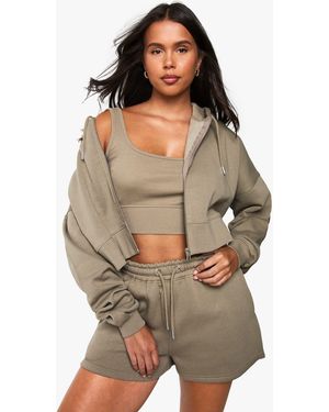 Boohoo Deep Hem 3 Piece Crop Zip Through Short Tracksuit - Brown
