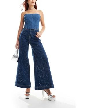 Amy Lynn Embellished Wide Leg Jeans - Blue