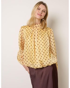 Blue Vanilla Polka Dot Cowl Neck Puffball Blouse - Natural
