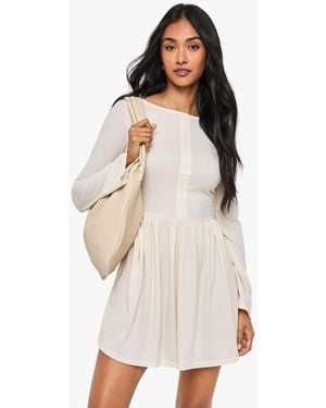 Boohoo Rib Drop Hem Button Down Mini Dress - Natural
