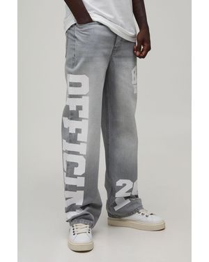 BoohooMAN Relaxed Rigid Official Varsity Print Denim Jeans - Grey