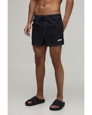 BoohooMAN Constrast Stitch Short Length Embroidered Swim - Black