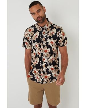 Threadbare Cotton Floral Print Short Sleeve Shirt - Black