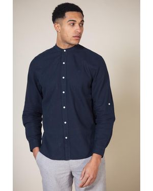 Nines 'Jadran' Linen Blend Long Sleeve Button-Up Shirt With Grandad Collar - Blue