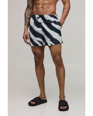 BoohooMAN Zebra Print Embroidered Short Length Swim - Black