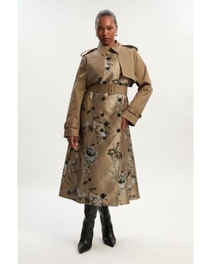 Karen Millen Plus Size Tailored Jacquard Mix Trench Midi Coat - Natural