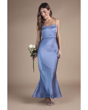 Oasis Lace Trim Strappy Satin Maxi Bridesmaid Dress - Blue