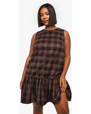 Boohoo Plus Flannel Button Down Drop Hem Smock - Brown