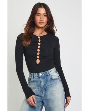 Boohoo Keyhole Detailed Long Sleeve Top With Ring Trims - Blue