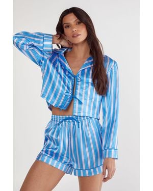 Nasty Gal Stripe Satin Contrast Pipping Tie Front Shirt And Pyjama Shorts Set - Blue