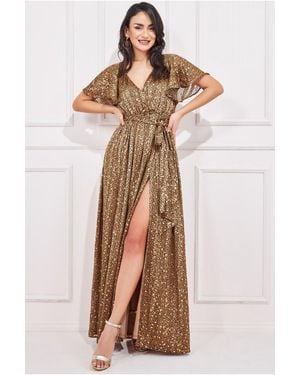 Goddiva Wrap Printed Chiffon Maxi Dress - Brown